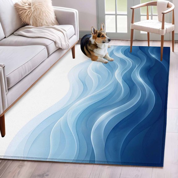 Area Rug 3x5ft Navy Blue Fluid Waves Area Rugs Washable Low Pile Floor Carpet for Bedroom, Minimalist Gradient Layered Non Slip Soft Rugs for Living Room Entryway Dining Room