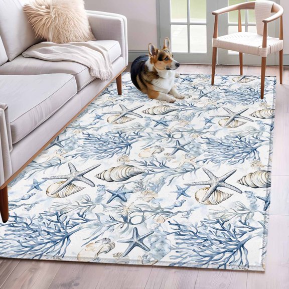 Area Rug 3x5ft, Ocean Coral Starfish Shell Washable Rugs for Living Room Bedroom, Summer Blue Ocean Theme Soft Non-slip Area Rugs Rectangle Floor Carpet for Dining Room