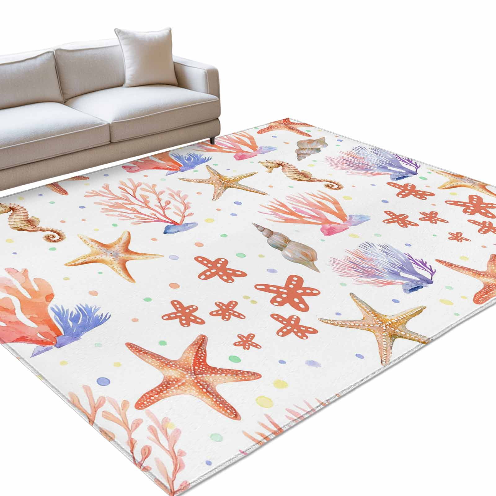 Area Rug 3x5ft, Ocean Seahorse Starfish Coral Washable Rugs for Living ...