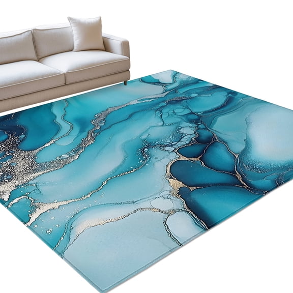 Area Rug 3x5ft Ombre Blue Teal Gray Marble Texture Washable Area Rugs for Living Room Abstract Art Non Slip Floor Carpet Mat for Kitchen Entryway Bathroom Office Home Decor
