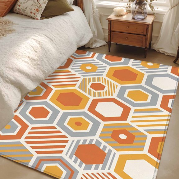 Area Rug 3x5ft Orange Gray Hexagon Carpets Indoor Floor Area Mat Washable Entrance Mat Rugs for Living Room Dining Room Kitchen Bedroom, Abstract Geometric Art Sofa Throw Carpet