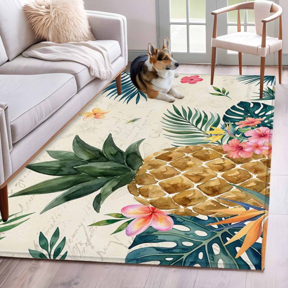 Area Rug 3x5ft Pineapple Tropical Leaves Flower Area Rugs Washable Low Pile Floor Carpet for Bedroom, Palm Leaf Monstera Leaves Non Slip Soft Rugs for Living Room Entryway Dining Room