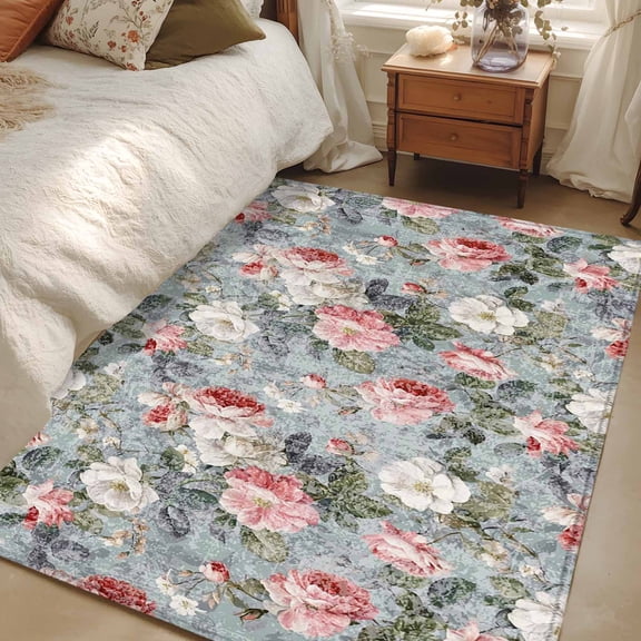 Area Rug 3x5ft Pink Bloom Flowers Carpets Indoor Floor Area Mat Washable Entrance Mat Rugs for Living Room Dining Room Kitchen Bedroom, Blue Retro Spring Floral Sofa Throw Carpet