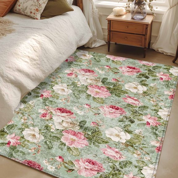 Area Rug 3x5ft Pink Bloom Flowers Carpets Indoor Floor Area Mat Washable Entrance Mat Rugs for Living Room Dining Room Kitchen Bedroom, Retro Spring Floral Sofa Throw Carpet