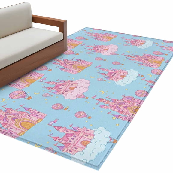 Area Rug 3x5ft, Pink Dream Castle Cloud Balloons on Blue Washable Rugs for Living Room Bedroom, Children's Day Soft Non-slip Area Rugs Rectangle Floor Carpet for Dining Room