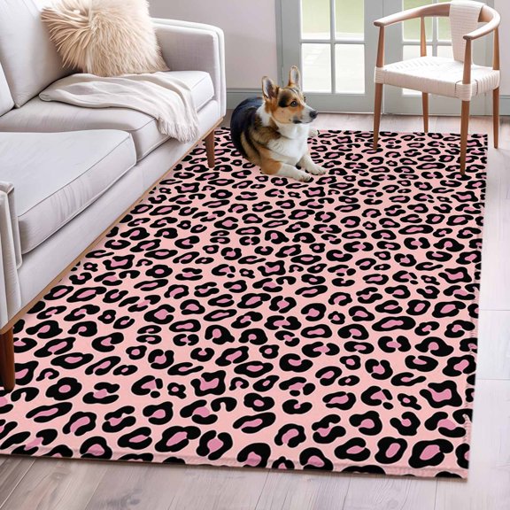 Area Rug 3x5ft Pink Leopard Pattern Area Rugs Washable Low Pile Floor Carpet for Bedroom, Farmhouse Animal Print Theme Non Slip Soft Rugs for Living Room Entryway Dining Room