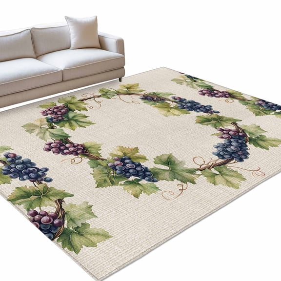 Area Rug 3x5ft Purple Grapes Washable Area Rugs for Living Room Retro Wreath Non Slip Floor Carpet Mat for Kitchen Entryway Bathroom Office Home Decor