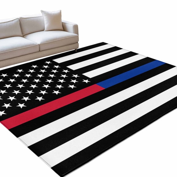 Area Rug 3x5ft Red and Blue Line Enforcement Officers Washable Area Rugs for Living Room Firefighters Non Slip Floor Carpet Mat for Kitchen Entryway Bathroom Office Home Decor