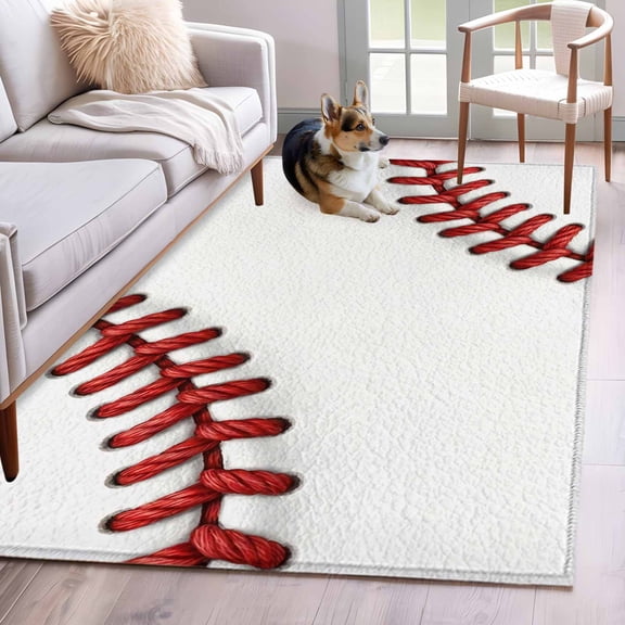 Area Rug 3x5ft Red White Baseball Stitching Texture Area Rugs Washable Low Pile Floor Carpet for Bedroom, Sport Theme Non Slip Soft Rugs for Living Room Entryway Dining Room