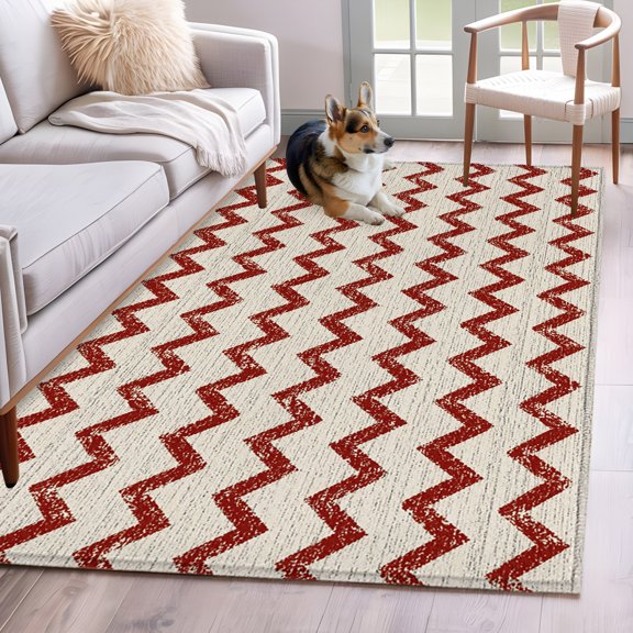 Area Rug 3x5ft Red Zigzag Stripes Area Rugs Washable Low Pile Floor Carpet for Bedroom, Off White Linen Texture Background Non Slip Soft Rugs for Living Room Entryway Dining Room