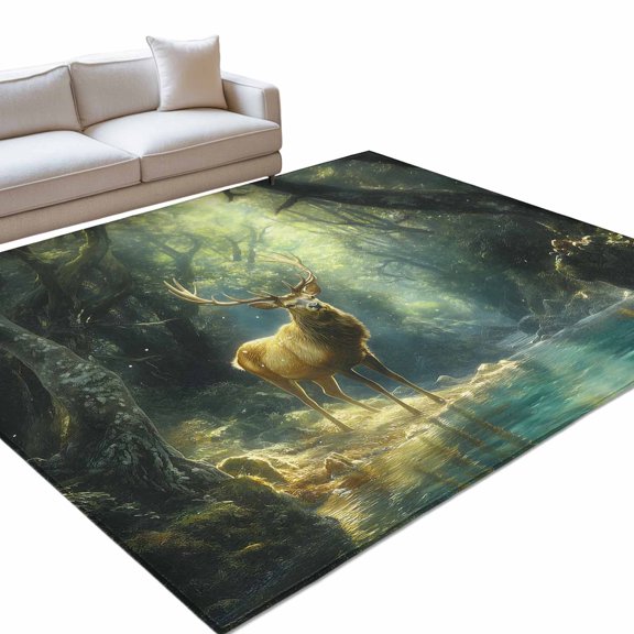 Area Rug 3x5ft, Reindeer in The Forest Washable Rugs for Living Room Bedroom, Hunting Nature Scenery Clear Lake Soft Non-slip Area Rugs Rectangle Floor Carpet for Dining Room