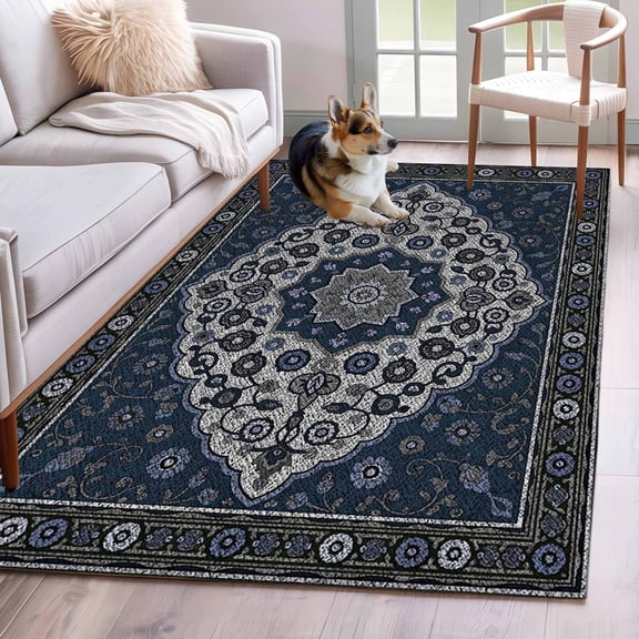 Area Rug 3x5ft Retro Abstract Flower Texture Area Rugs Washable Low Pile Floor Carpet for Bedroom, Dark Blue Gray Ethnic Pattern Non Slip Soft Rugs for Living Room Entryway Dining Room