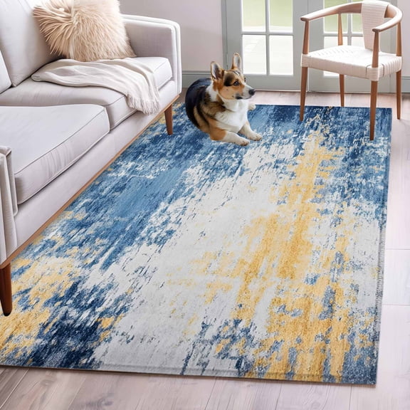 Area Rug 3x5ft Retro Blue White Yellow Texture Area Rugs Washable Low Pile Floor Carpet for Bedroom, Abstract Watercolor Pattern Non Slip Soft Rugs for Living Room Entryway Dining Room