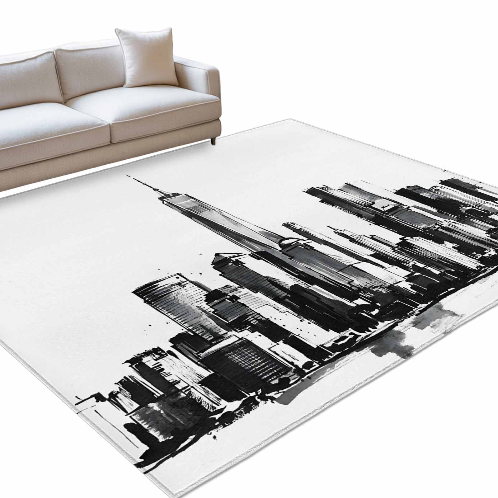 Area Rug 3x5ft, Retro Ink Style Building Sketch Washable Rugs for ...