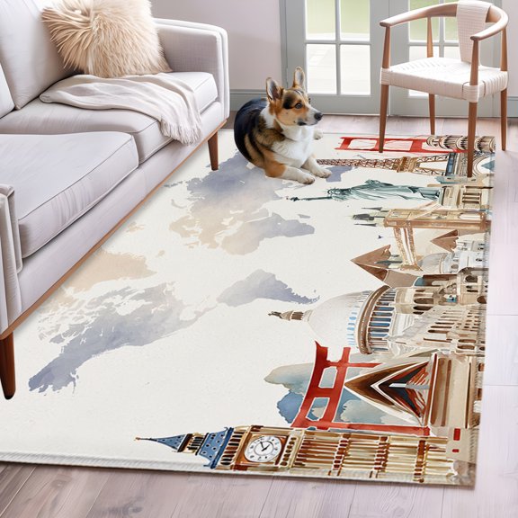 Area Rug 3x5ft Retro Maps of The World Tourism Area Rugs Washable Low Pile Floor Carpet for Bedroom, Abstract Graffiti Texture Non Slip Soft Rugs for Living Room Entryway Dining Room