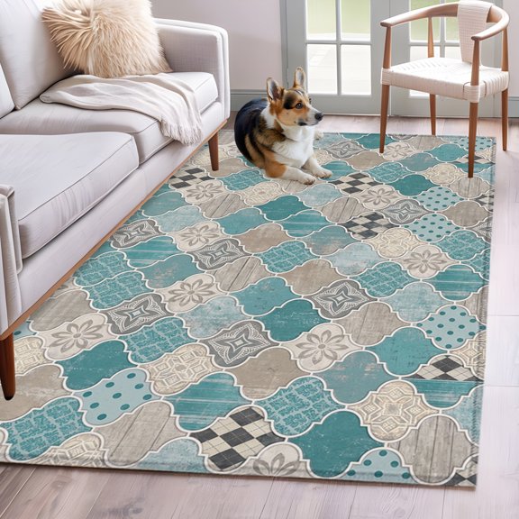 Area Rug 3x5ft, Retro Moroccan Plaid Teal Gradient Washable Rugs for Living Room Bedroom, Abstract Geometric Soft Non-slip Area Rugs Rectangle Floor Carpet for Dining Room