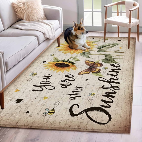Area Rug 3x5ft Retro Sunflower Sunshine Quote Area Rugs Washable Low Pile Floor Carpet for Bedroom, Butterfly Floral Bee on Letter Non Slip Soft Rugs for Living Room Entryway Dining Room