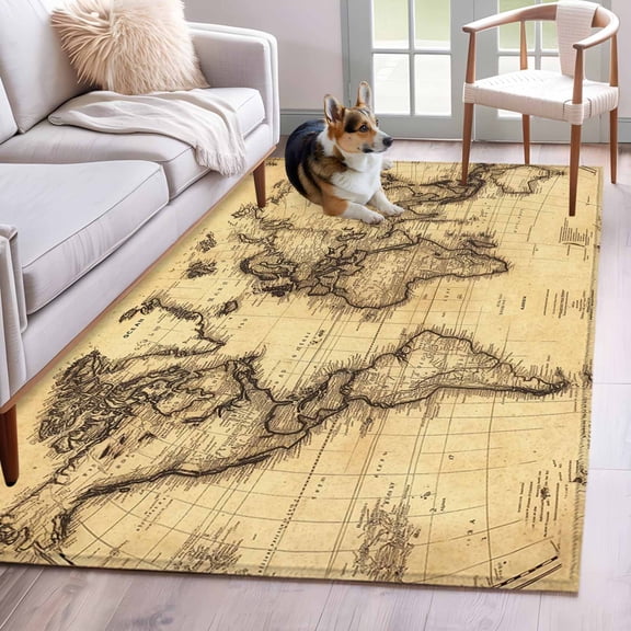 Area Rug 3x5ft Retro Yellow World Map North America Asia Area Rugs Washable Low Pile Floor Carpet for Bedroom, Pacific Plate Non Slip Soft Rugs for Living Room Entryway Dining Room
