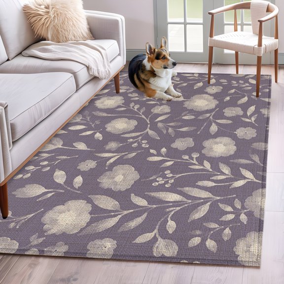 Area Rug 3x5ft Rustic Blossom Flower Purple Burlap Area Rugs Washable Low Pile Floor Carpet for Bedroom, Retro Floral Leaves Berry Non Slip Soft Rugs for Living Room Entryway Dining Room