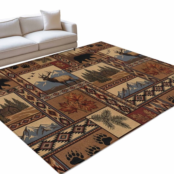 Area Rug 3x5ft, Rustic Elk Bear Mountain Forest Washable Rugs for Living Room Bedroom, Brown Buffalo Plaid Soft Non-slip Area Rugs Rectangle Floor Carpet for Dining Room