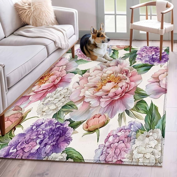 Area Rug 3x5ft Rustic Hydrangea Flower Leaf Area Rugs Washable Low Pile Floor Carpet for Bedroom, Pastoral Pink Purple Floral Non Slip Soft Rugs for Living Room Entryway Dining Room