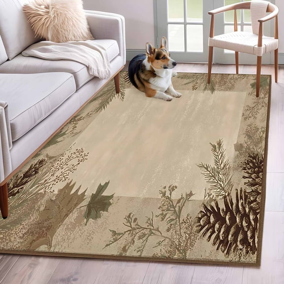 Area Rug 3x5ft Rustic Pine Cones Leaves on Beige Area Rugs Washable Low Pile Floor Carpet for Bedroom, Farmhouse Plants Non Slip Soft Rugs for Living Room Entryway Dining Room