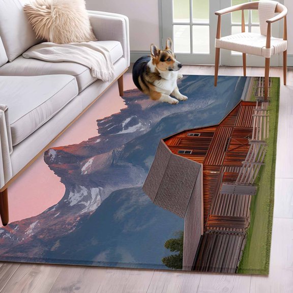 Area Rug 3x5ft Rustic Red Barn Snow Mountain Area Rugs Washable Low Pile Floor Carpet for Bedroom, Farmhouse Natural Scenery Non Slip Soft Rugs for Living Room Entryway Dining Room