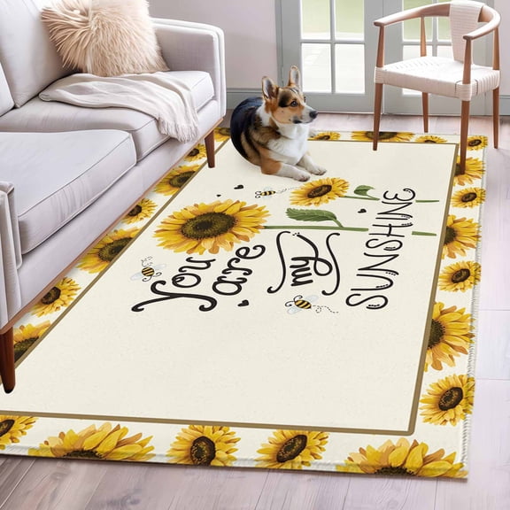 Area Rug 3x5ft SUNSHINE Sunflower Quotes Area Rugs Washable Low Pile Floor Carpet for Bedroom, Retro Yellow Floral Non Slip Soft Rugs for Living Room Entryway Dining Room