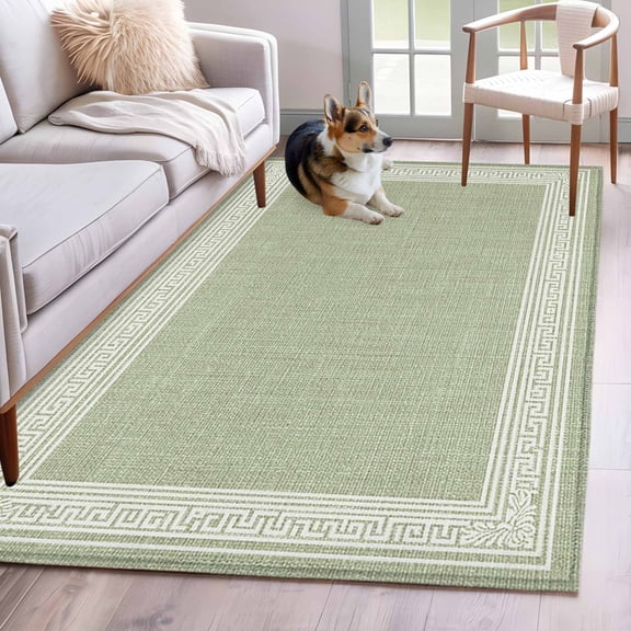 Area Rug 3x5ft Sage Green Linen Burlap Key Area Rugs Washable Low Pile Floor Carpet for Bedroom, Abstract Greek Inspired Texture Non Slip Soft Rugs for Living Room Entryway Dining Room