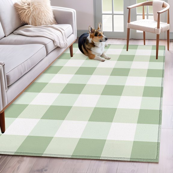 Area Rug 3x5ft Simple White Green Buffalo Plaid Area Rugs Washable Low Pile Floor Carpet for Bedroom, Spring Checker Gingham Non Slip Soft Rugs for Living Room Entryway Dining Room