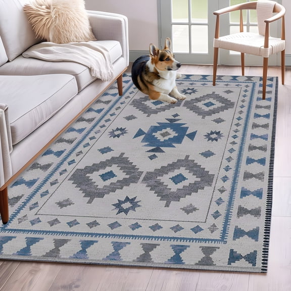 Area Rug 3x5ft Southwestern Tribal Geometric Area Rugs Washable Low Pile Floor Carpet for Bedroom, Retro Aztec Blue Diamond Non Slip Soft Rugs for Living Room Entryway Dining Room