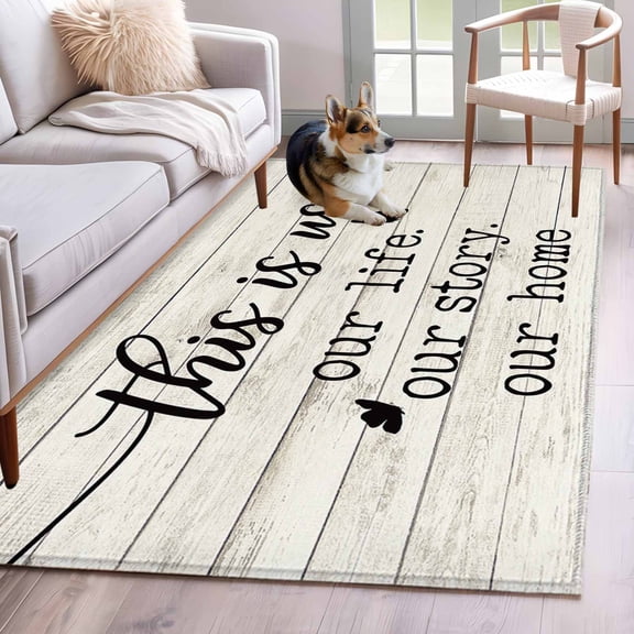 Area Rug 3x5ft Spring Farm Animals with Quotes Area Rugs Washable Low Pile Floor Carpet for Bedroom, Chic Wooden Board Non Slip Soft Rugs for Living Room Entryway Dining Room