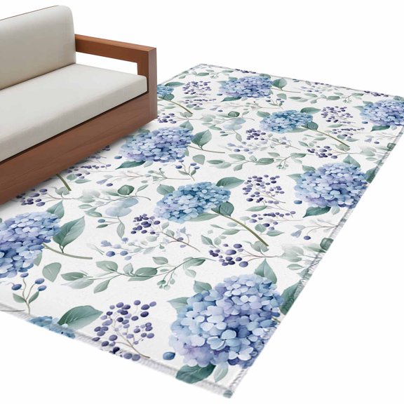Area Rug 3x5ft, Spring Flower Eucalyptus Leaf Washable Rugs for Living Room Bedroom, Hydrangea Floral Watercolor Soft Non-slip Area Rugs Rectangle Floor Carpet for Dining Room