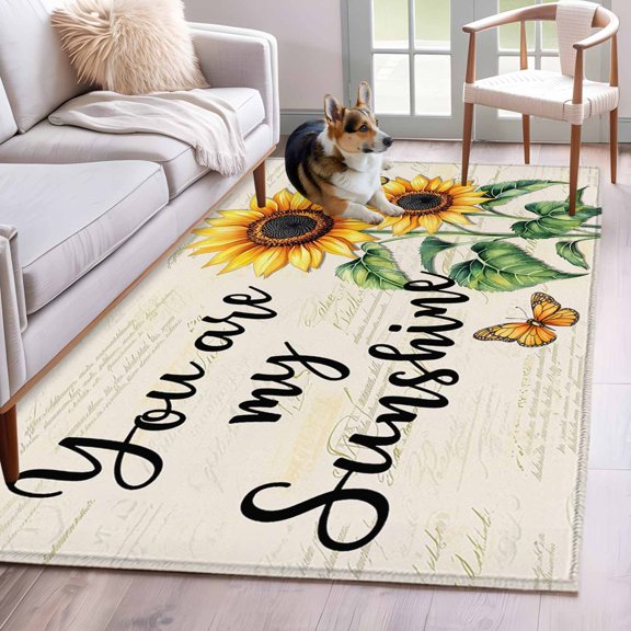 Area Rug 3x5ft Spring Rustic Sunflower Butterfly Area Rugs Washable Low Pile Floor Carpet for Bedroom, Sunshine Text on Retro Letter Non Slip Soft Rugs for Living Room Entryway Dining Room