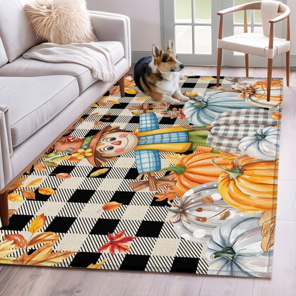 Area Rug 3x5ft Straw Man Fall Pumpkin Fallen Leaves Area Rugs Washable Low Pile Floor Carpet for Bedroom, Thanksgiving Retro Black Check Non Slip Soft Rugs for Living Room Entryway Dining Room