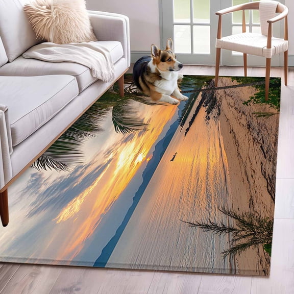 Area Rug 3x5ft Summer Beach Ocean Coconut Tree Area Rugs Washable Low Pile Floor Carpet for Bedroom, Sunset Seaside Scenery Non Slip Soft Rugs for Living Room Entryway Dining Room