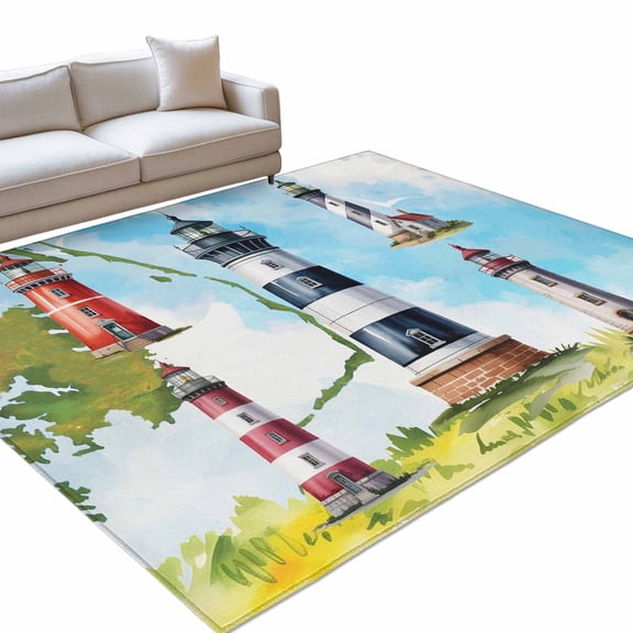 Area Rug 3x5ft, Summer Coastal Nautical Lighthouse Washable Rugs for Living Room Bedroom, Ocean Beach Theme Soft Non-slip Area Rugs Rectangle Floor Carpet for Dining Room