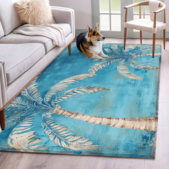 Area Rug 3x5ft Summer Coconut Tree Blue Gradient Area Rugs Washable Low Pile Floor Carpet for Bedroom, Ocean Nautical Theme Non Slip Soft Rugs for Living Room Entryway Dining Room