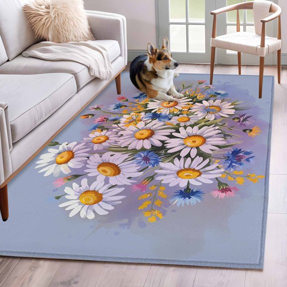 Area Rug 3x5ft Summer Daisy Sketch Floral Art Area Rugs Washable Low Pile Floor Carpet for Bedroom, Bloom Flower Gradient Non Slip Soft Rugs for Living Room Entryway Dining Room