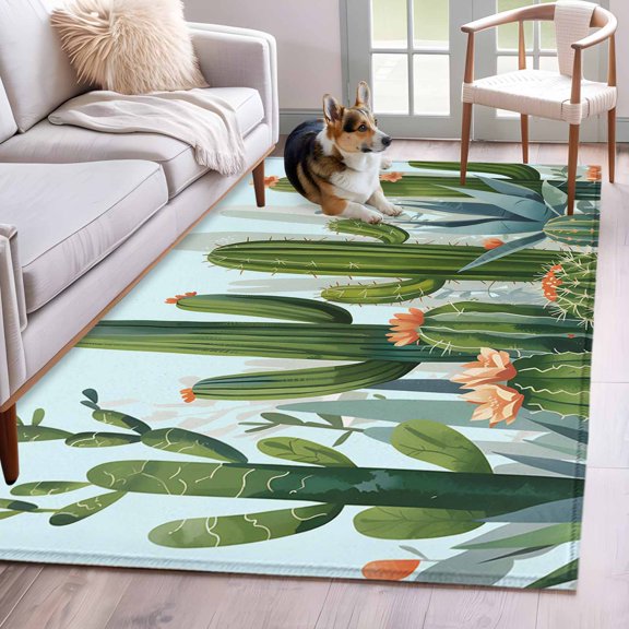 Area Rug 3x5ft Summer Green Cactus Succulent Flower Area Rugs Washable Low Pile Floor Carpet for Bedroom, Tropical Plant Non Slip Soft Rugs for Living Room Entryway Dining Room