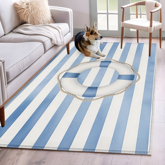 Area Rug 3x5ft Summer Life Ring Rope Pattern Area Rugs Washable Low Pile Floor Carpet for Bedroom, Blue White Striped Non Slip Soft Rugs for Living Room Entryway Dining Room