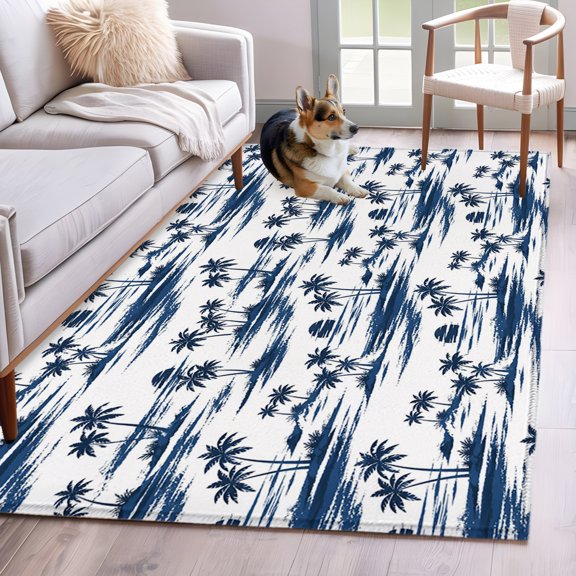 Area Rug 3x5ft Summer Palm Trees Ocean Sunset Area Rugs Washable Low Pile Floor Carpet for Bedroom, Watercolor Seaside Scenery Non Slip Soft Rugs for Living Room Entryway Dining Room