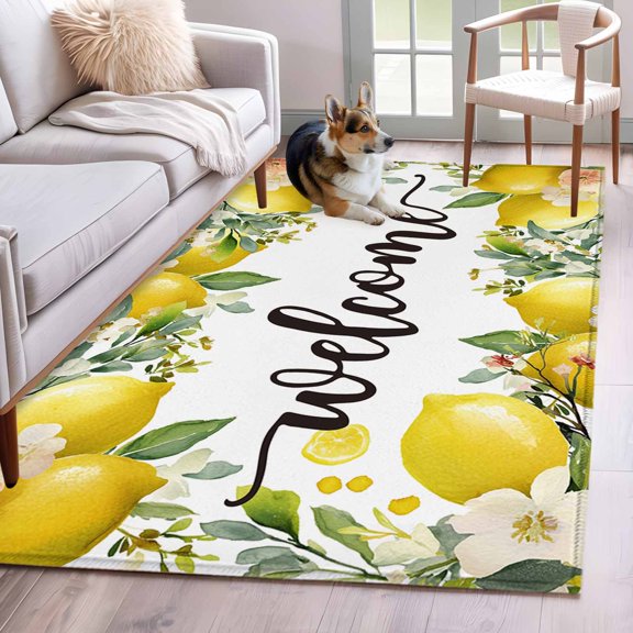 Area Rug 3x5ft Summer Yellow Lemon Welcome Quote Area Rugs Washable Low Pile Floor Carpet for Bedroom, Farmhouse Wild Flower Non Slip Soft Rugs for Living Room Entryway Dining Room