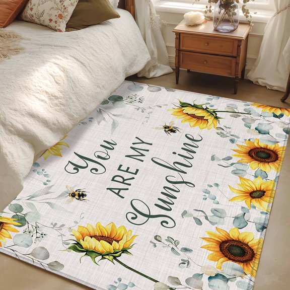 Area Rug 3x5ft Sunflower Sunshine Carpets Indoor Floor Area Mat Washable Entrance Mat Rugs for Living Room Dining Room Kitchen Bedroom, Bee Floral Eucalyptus Leaves Linen Sofa Throw Carpet