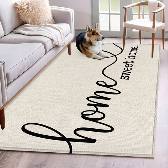 Area Rug 3x5ft Sweet Home Quote Retro Linen Area Rugs Washable Low Pile Floor Carpet for Bedroom, Modern Minimalist Style Non Slip Soft Rugs for Living Room Entryway Dining Room