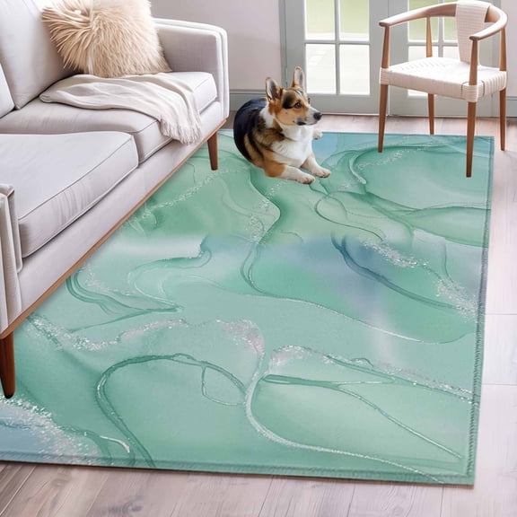 Area Rug 3x5ft Teal Abstract Marble Texture Area Rugs Washable Low Pile Floor Carpet for Bedroom, Nature Stone Agate Non Slip Soft Rugs for Living Room Entryway Dining Room