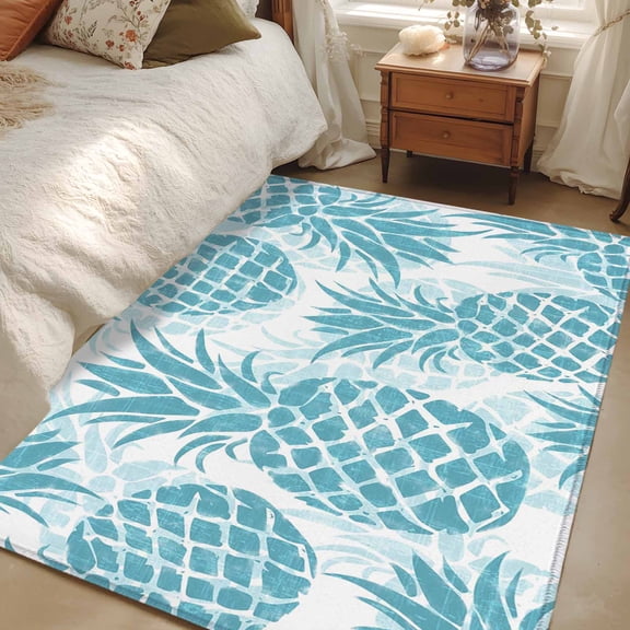 Area Rug 3x5ft Teal Blue Pineapple Carpets Indoor Floor Area Mat Washable Entrance Mat Rugs for Living Room Dining Room Kitchen Bedroom, Summer Tropical Fruit Leaves Sofa Throw Carpet