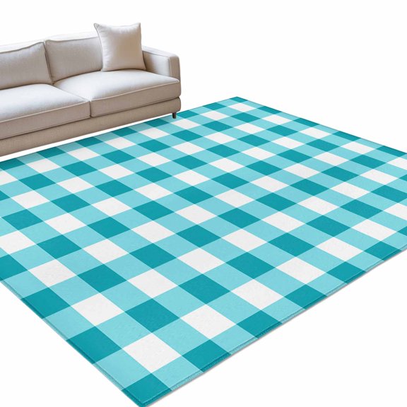 Area Rug 3x5ft, Teal Blue White Plaid Lattice Washable Rugs for Living Room Bedroom, Abstract Gradient Line Soft Non-slip Area Rugs Rectangle Floor Carpet for Dining Room