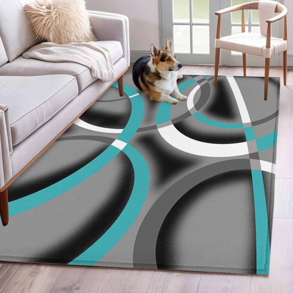 Area Rug 3x5ft, Teal Geometric Art Modern Abstract Washable Rugs for Living Room Bedroom, Contemporary Grey Circle Soft Non-slip Area Rugs Rectangle Floor Carpet for Dining Room