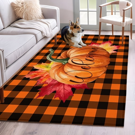 Area Rug 3x5ft Thanksgiving Pumpkin Fall Maple Leaf Area Rugs Washable Low Pile Floor Carpet for Bedroom, Orange Black Buffalo Check Non Slip Soft Rugs for Living Room Entryway Dining Room